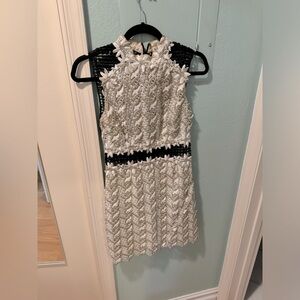 Topshop High Neck Sleeveless Gold Lace Dress with Open Knit Back and Waist Panel